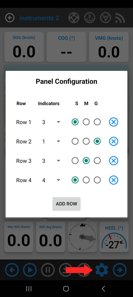 Screen ng pag-configure ng panel ng instrumento.