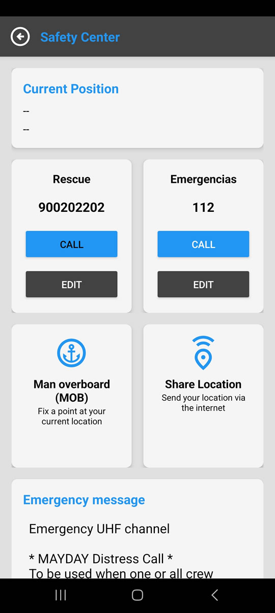 Screen ng Sentro ng Kaligtasan ng SailNav.