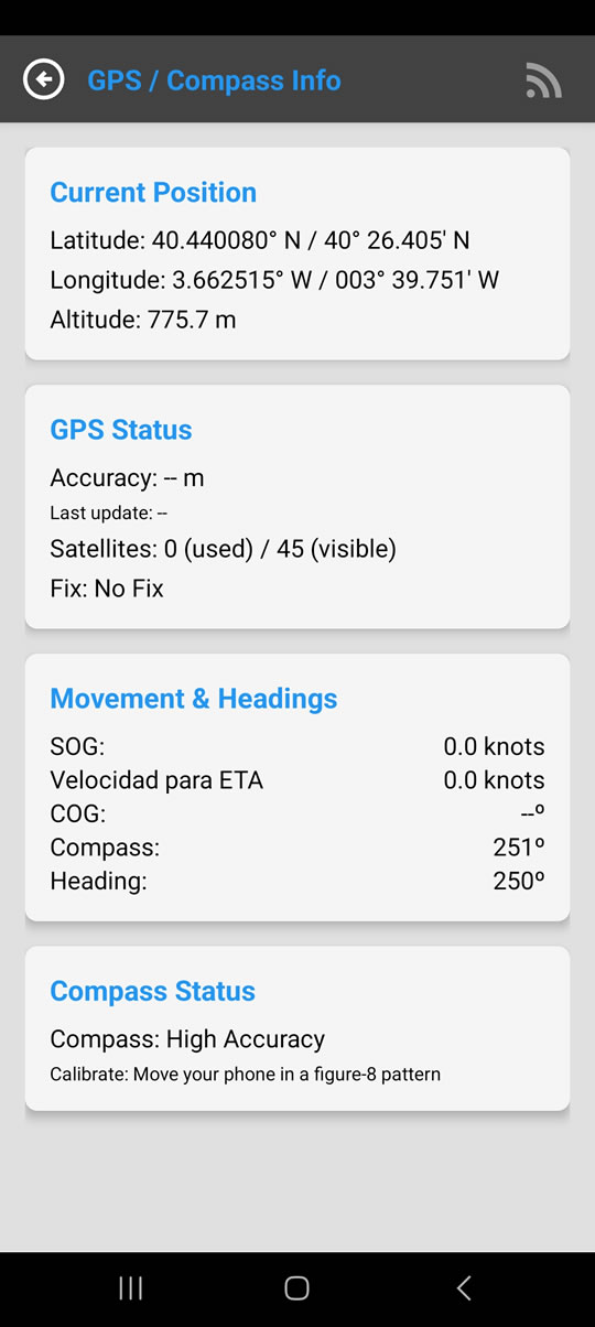 Screen ng Impormasyon sa GPS at Kompas.