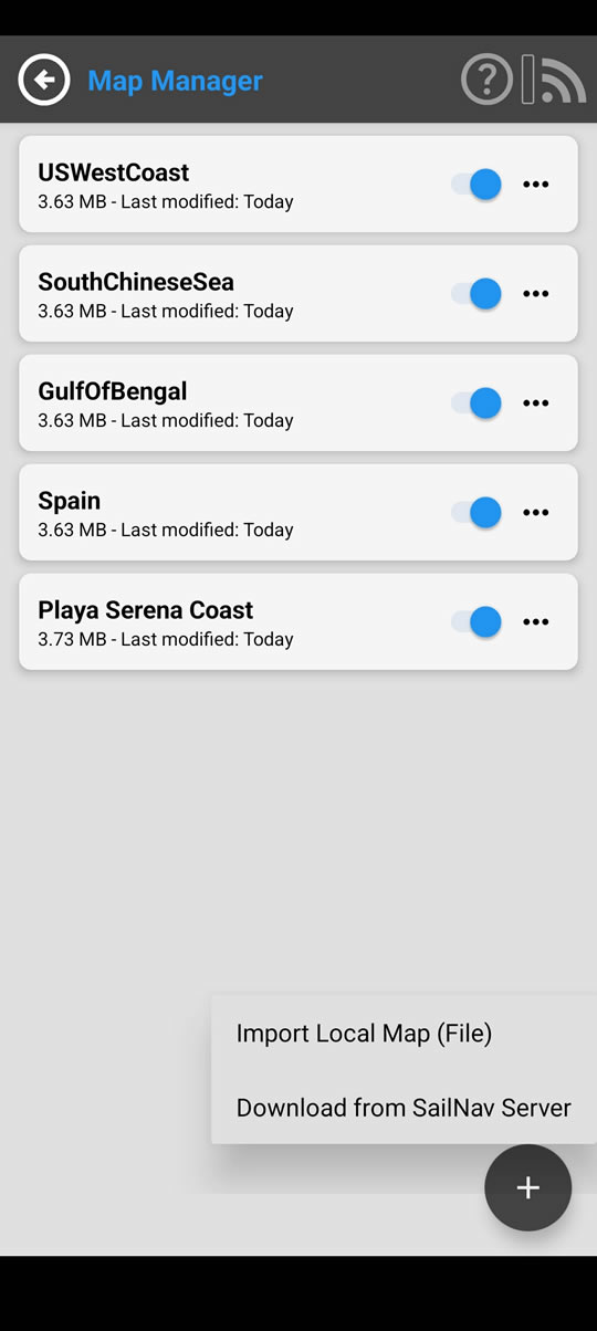 ডাউনলোড করা অঞ্চলের তালিকা সহ মানচিত্র ব্যবস্থাপকের মূল স্ক্রিন।