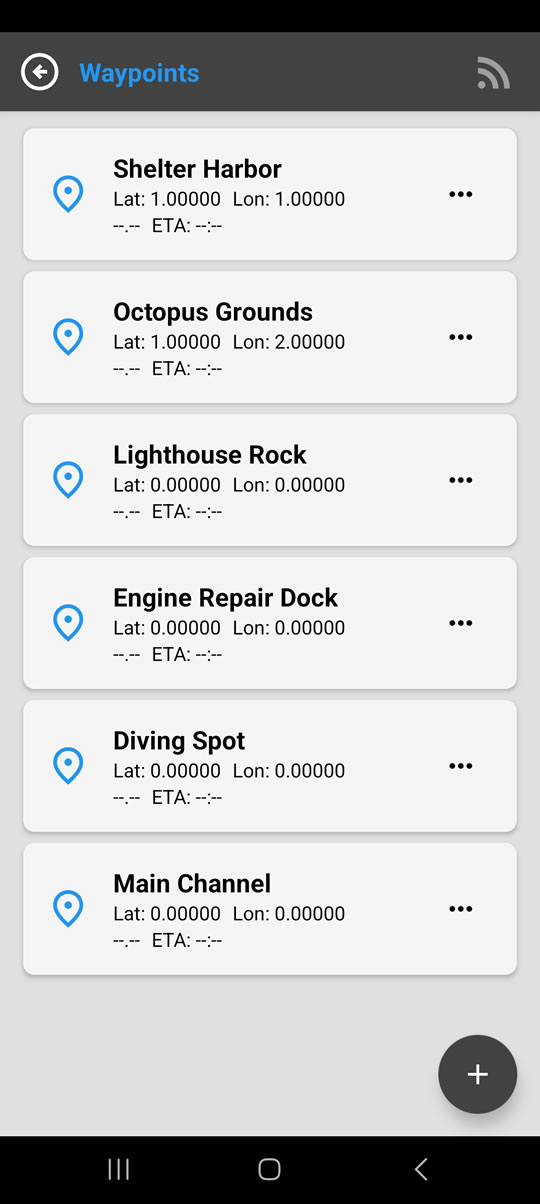 Listahan ng mga na-save na waypoints sa SailNav.